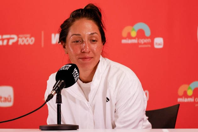 MIAMI GARDENS, FL - MARCH 25: Jessica Pegula (USA) talks to the media after her women™s quarter-final singles match against Elena Rybakina (KAZ) at the Miami Open on March 25, 2026, at Hard Rock Stadium in Miami Gardens, Florida,(Photo by Chris Arjoon Icon Sportswire) TENNIS: MAR 25 Miami Open EDITORIAL USE ONLY Icon2603250010052