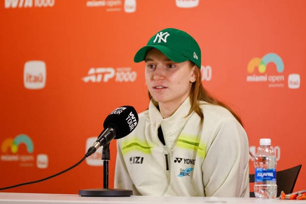 MIAMI GARDENS, FL - MARCH 25: Elena Rybakina (KAZ) talks to the media after her women™s quarter-final singles match against Jessica Pegula (USA) at the Miami Open on March 25, 2026, at Hard Rock Stadium in Miami Gardens, Florida,(Photo by Chris Arjoon Icon Sportswire) TENNIS: MAR 25 Miami Open EDITORIAL USE ONLY Icon2603250010058