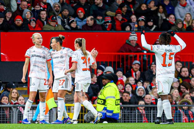 MANCHESTER, ENGLAND - March 25: Pernille Harder of Bayern Munich celebrates scoring the second goal for Bayern during the UEFA Womens Champions League match between Manchester United, ManU and Bayern Munich at Old Trafford in Manchester, England Copyright: xNataliexMincher SPPx Sportspressphoto_SPR118180