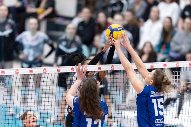 1. Volleyball Bundesliga Frauen Playoffs Viertelfinale: Schwarz-Weiss Erfurt vs. Allianz MTV Stuttgart; Erfurt; 25.03.2026 Alianza Darley ( 14; Schwarz-Weiss Erfurt) gegen Lucia Varela ( 12; Allianz MTV Stuttgart) (links) und Melani Shaffmaster ( 15; Allianz MTV Stuttgart) (rechts) 1. Volleyball Bundesliga Frauen Playoffs Viertelfinale: Schwarz-Weiss Erfurt vs. Allianz MTV Stuttgart; Riethsporthalle Erfurt; 25.03.2026 Copyright: xBEAUTIFULxSPORTS Duehringx