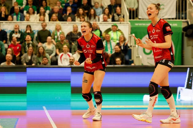 Volleyball I Frauen I Saison 2025-2026 I Bundesliga I Playoff-Viertelfinale 2 I USC Münster - Dresdner SC I 25.03.2026 Emma Grome (4, Dresdner SC) Jubelt nach Punktgewinn. Münster Sporthalle Berg Fidel Nordrhein-Westfalen Deutschland Copyright: xLobeca CedricxSiefkerx