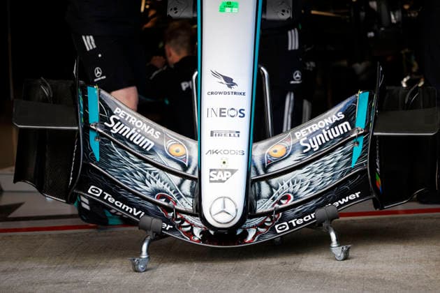 26th March 2026; Suzuka Circuit, Suzuka, Japan; 2026 FIA Formula 1 Japanese Grand Prix; Arrivals Day; Special paint on the front wing of the Mercedes AMG Petronas in the pit at the Aramco Japanese Grand Prix StephenxBlackberry Content restricted for UK based newspaper
