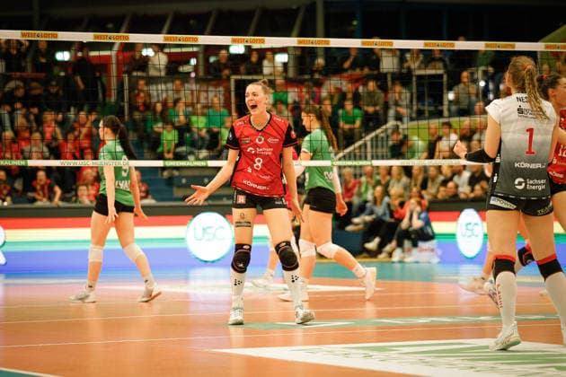 Volleyball I Frauen I Saison 2025-2026 I Bundesliga I Playoff-Viertelfinale 2 I USC Münster - Dresdner SC I 25.03.2026 Jette Kuipers (8, Dresdner SC) Jubelt nach einem Punktgewinn. Münster Sporthalle Berg Fidel Nordrhein-Westfalen Deutschland Copyright: xLobeca CedricxSiefkerx