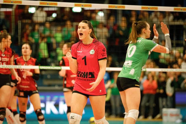 Volleyball I Frauen I Saison 2025-2026 I Bundesliga I Playoff-Viertelfinale 2 I USC Münster - Dresdner SC I 25.03.2026 Pippa Molenaar (1, USC Münster) Jubelt nach einem Punktgewinn. Münster Sporthalle Berg Fidel Nordrhein-Westfalen Deutschland Copyright: xLobeca CedricxSiefkerx