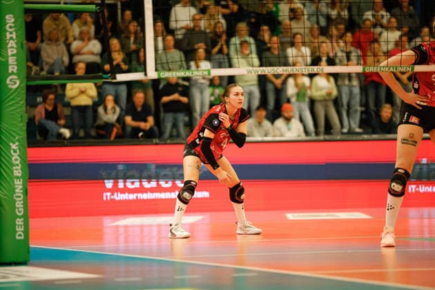 Volleyball I Frauen I Saison 2025-2026 I Bundesliga I Playoff-Viertelfinale 2 I USC Münster - Dresdner SC I 25.03.2026 Emma Grome (4, Dresdner SC) Wartet auf den nächsten Aufschlag des Gegners. Münster Sporthalle Berg Fidel Nordrhein-Westfalen Deutschland Copyright: xLobeca CedricxSiefkerx