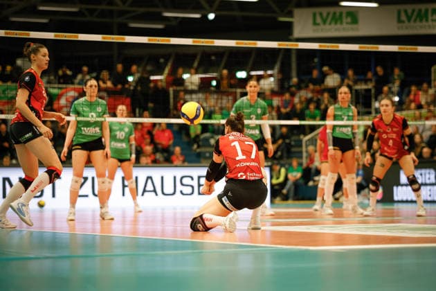 Volleyball I Frauen I Saison 2025-2026 I Bundesliga I Playoff-Viertelfinale 2 I USC Münster - Dresdner SC I 25.03.2026 Lorena Lorber Fijok (17, Dresdner SC) Nimmt den Ball an und baggert ihn zu einer Mitspielerin. Münster Sporthalle Berg Fidel Nordrhein-Westfalen Deutschland Copyright: xLobeca CedricxSiefkerx