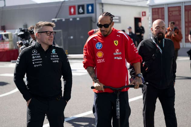 March 26, 2026, Suzuka, Mie, Japan: Race engineer PETER BONNINGTON (left) of Mercedes talking to LEWIS HAMILTON (right) on media day for the 2026 Formula 1 Japanese Grand Prix. Formula 1 is one of the most logistically complicated sporting events in the world and the price of motorsport logistics has been affected by the US-Iran warÃ¢â‚¬â ¢s impact on air freight shipping lanes and oil prices. Suzuka Japan - ZUMAb177 20260326_aap_b177_051 Copyright: xTaidghxBarronx