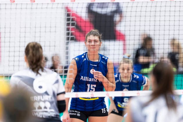 1. Volleyball Bundesliga Frauen Playoffs Viertelfinale: Schwarz-Weiss Erfurt vs. Allianz MTV Stuttgart; Erfurt; 25.03.2026 Melani Shaffmaster ( 15; Allianz MTV Stuttgart) 1. Volleyball Bundesliga Frauen Playoffs Viertelfinale: Schwarz-Weiss Erfurt vs. Allianz MTV Stuttgart; Riethsporthalle Erfurt; 25.03.2026 Copyright: xBEAUTIFULxSPORTS Duehringx