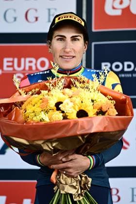 Italian Elisa Balsamo of Lidl-Trek pictured on the podium after the Ronde van Brugge women s elite one-day cycling race, 143,7 km from and to Brugge on Thursday 26 March 2026. MAARTENxSTRAETEMANS  x168983996x
