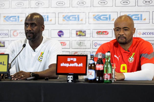 SOCCER - AUT vs GHA, test match VIENNA,AUSTRIA,26.MAR.26 - SOCCER - OEFB international test match, Austria vs Ghana, preview, press conference, PK, Pressekonferenz Team GHA. Image shows head coach Otto Addo and Jordan Ayew (GHA).  GEPAxpictures xArminxRauthner