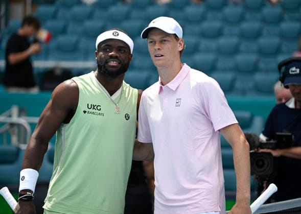 MIAMI GARDENS, FL - MARCH 26: Jannik Sinner of Italy, and Frances Tiafoe of the United States pose for a photo, prior to their men™s quarterfinal match of the Miami Open on March 26, 2026, Hard Rock Stadium in Miami Gardens, Florida. (Photo by Michele Eve Sandberg Icon Sportswire) TENNIS: MAR 26 Miami Open EDITORIAL USE ONLY Icon2603260485
