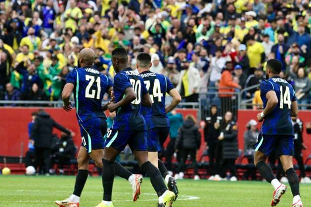 RECORD DATE NOT STATED Brazil vs France International Friendly, Länderspiel, Nationalmannschaft (SPO) Brazil vs France International Friendly. March 26, 2026, Boston, Massachusetts, USA: Bremen 14 of brazil scored and celebrates with teammates during the International friendly soccer between Brazil and France at Gillette Stadium ahead of FIFA 2026 World Cup. Credit: Niyi Fote Thenews2 (Foto: Niyi Fote Thenews2 imago images) SPO  Copyright: xNiyixFotex