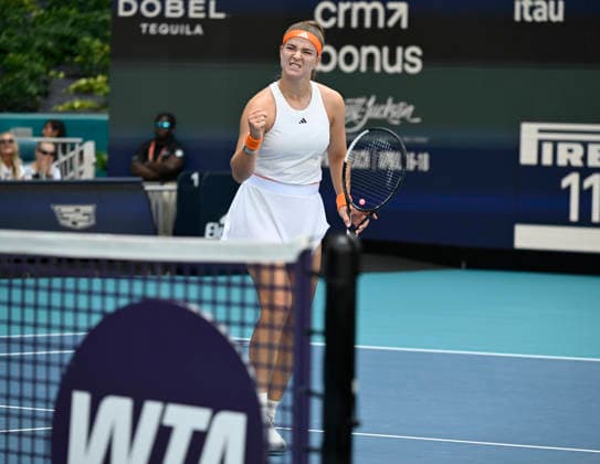 MIAMI GARDENS, FL - MARCH 26: Karolina Muchova of Czech Republic, reacts after the point, against Coco Gauff of the United States during the men™s semifinal match of the Miami Open on March 26, 2026, Hard Rock Stadium in Miami Gardens, Florida. (Photo by Michele Eve Sandberg Icon Sportswire) TENNIS: MAR 26 Miami Open EDITORIAL USE ONLY Icon2603260536