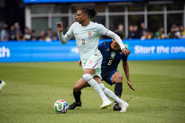 Brazil v France - International Friendly, Länderspiel, Nationalmannschaft FOXBOROUGH, UNITED STATES - MARCH 26: France’s Michael Olise (11) looks for a passing option during an international pre-World Cup friendly match between Brazil and France as part of the Road to 26 game series at Gillette Stadium in Foxborough, United States, on March 26, 2026. Joseph Prezioso Anadolu Foxborough United States. Editorial use only. Please get in touch for any other usage.  Copyright: x2026xAnadoluxJosephxPreziosox