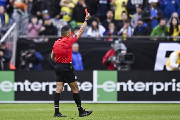 BOSTON, UNITED STATES - MARCH 27: Referee Guido Gonzales Jr. shows red card to Dayot Upamecano (not pictured) during an international football friendly between Brazil v France at Gillette Stadium, Boston, USA. (Photo by Richard Callis Sports Press Photo) Copyright: xRichardxCallis SportsxPressxPhotox Sportspressphoto_SPR118870