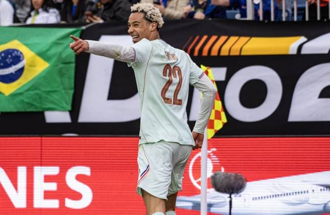 Brazil v France - International Friendly, Länderspiel, Nationalmannschaft FOXBOROUGH, UNITED STATES - MARCH 26: France’s Hugo Ekitike (22) celebrates scoring a goal during an international pre-World Cup friendly match between Brazil and France as part of the Road to 26 game series at Gillette Stadium in Foxborough, United States, on March 26, 2026. Joseph Prezioso Anadolu Foxborough United States. Editorial use only. Please get in touch for any other usage.  Copyright: x2026xAnadoluxJosephxPreziosox
