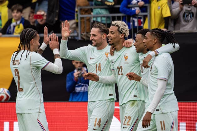 Brazil v France - International Friendly, Länderspiel, Nationalmannschaft FOXBOROUGH, UNITED STATES - MARCH 26: France’s Hugo Ekitike (22) celebrates with teammates after scoring a goal during an international pre-World Cup friendly match between Brazil and France as part of the Road to 26 game series at Gillette Stadium in Foxborough, United States, on March 26, 2026. Joseph Prezioso Anadolu Foxborough United States. Editorial use only. Please get in touch for any other usage.  Copyright: x2026xAnadoluxJosephxPreziosox