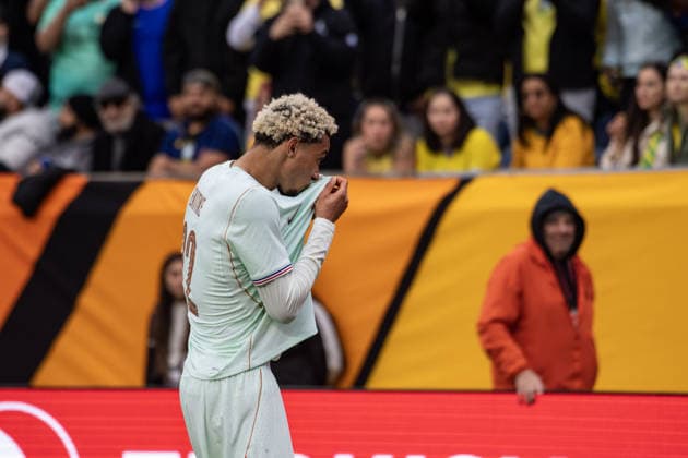 Brazil v France - International Friendly, Länderspiel, Nationalmannschaft FOXBOROUGH, UNITED STATES - MARCH 26: France’s Hugo Ekitike (22) celebrates scoring a goal during an international pre-World Cup friendly match between Brazil and France as part of the Road to 26 game series at Gillette Stadium in Foxborough, United States, on March 26, 2026. Joseph Prezioso Anadolu Foxborough United States. Editorial use only. Please get in touch for any other usage.  Copyright: x2026xAnadoluxJosephxPreziosox