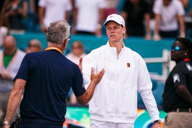 Miami Open Presented by Itau 2026 - March 26 Miami, Florida - March 26: Jannik Sinner celebrate after winning the match between Jannik Sinner of Italy and Frances Tiafoe of USA on day 10 of the Miami Open at Hard Rock Stadium on March 26, 2026 in Miami, Florida, United States. Copyright: xLatinxSportxImagesx
