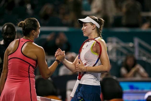 Miami Open Presented by Itau 2026 - March 26 Miami, Florida - March 26: play, react and celebrate during the match between Aryna Sabalenka of Rusia and Elena Rybakina of Kazakhstan of Argentina on day 10 of the Miami Open at Hard Rock Stadium on March 26, 2026 in Miami, Florida, United States. Copyright: xLatinxSportxImagesx