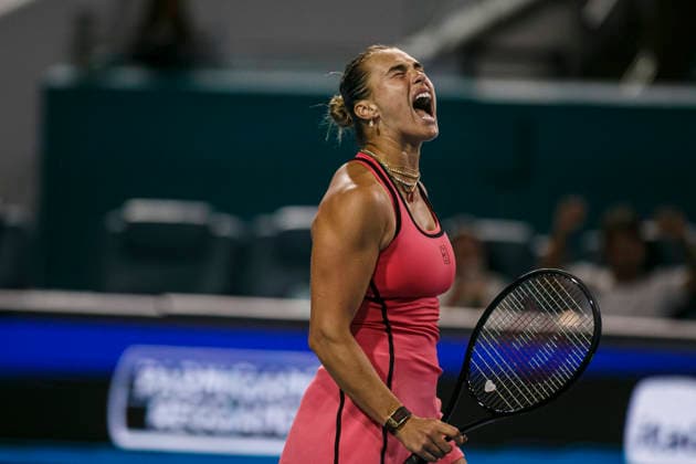 Miami Open Presented by Itau 2026 - March 26 Miami, Florida - March 26: play, react and celebrate during the match between Aryna Sabalenka of Rusia and Elena Rybakina of Kazakhstan of Argentina on day 10 of the Miami Open at Hard Rock Stadium on March 26, 2026 in Miami, Florida, United States. Copyright: xLatinxSportxImagesx