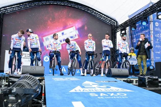 Team TotalEnergies riders pictured at the start of the E3 Saxo Bank Classic one day cycling race, 208,8km from and to Harelbeke, on Friday 27 March 2026. DAVIDxPINTENS  x169050576x