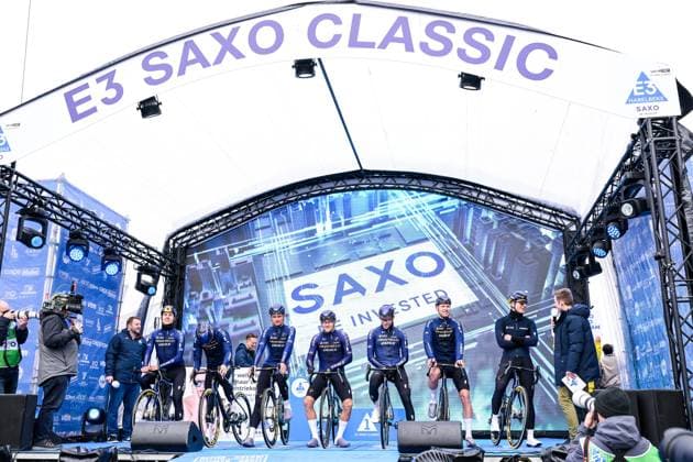 Pinarello Q36.5 Pro Cycling Team riders pictured at the start of the E3 Saxo Bank Classic one day cycling race, 208,8km from and to Harelbeke, on Friday 27 March 2026. DAVIDxPINTENS  x169051993x