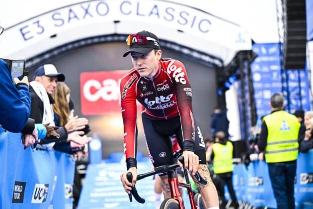 Belgian Jenno Berckmoes of Lotto-Intermarche pictured at the start of the E3 Saxo Bank Classic one day cycling race, 208,8km from and to Harelbeke, on Friday 27 March 2026. JASPERxJACOBS  x169054077x