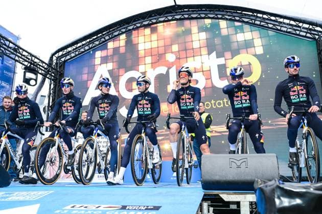 Belgian Gianni Vermeersch of Red Bull-BORA-hansgrohe and other Red Bull-BORA-hansgrohe riders pictured at the start of the E3 Saxo Bank Classic one day cycling race, 208,8km from and to Harelbeke, on Friday 27 March 2026. DAVIDxPINTENS  x169054163x