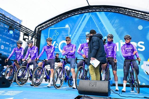 Team Jayco AIUIa riders pictured at the start of the E3 Saxo Bank Classic one day cycling race, 208,8km from and to Harelbeke, on Friday 27 March 2026. DAVIDxPINTENS  x169054949x