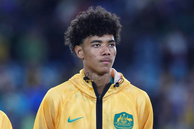Lucas Herrington of Australia during the National anthems at the International Friendly, Länderspiel, Nationalmannschaft match between Australia and Cameroon at the Accor Stadium, Sydney, Australia on 27 March 2026. Copyright: xPeterxDovganx 44740073