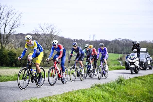 Canadian Nickolas Zukowsky of Pinarello Q36.5 Pro Cycling Team and Belgian Stan Dewulf of Decathlon CMA CGM Team pictured in action during the E3 Saxo Bank Classic one day cycling race, 208,8km from and to Harelbeke, on Friday 27 March 2026. JASPERxJACOBS  x169070580x