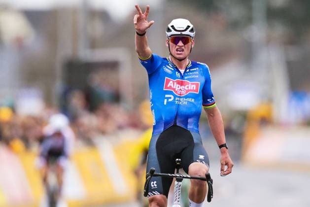 Dutch Mathieu van der Poel of Alpecin-Premier Tech celebrates as he crosses the finish line to win the E3 Saxo Bank Classic one day cycling race, 208,8km from and to Harelbeke, on Friday 27 March 2026. DAVIDxPINTENS  x169096634x
