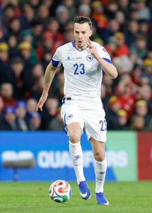 Cardiff, Wales, 26th March 2026. Haris Tabakovic of Bosnia and Herzegovina during the Wales vs Bosnia-Herzegovina FIFA World Cup, WM, Weltmeisterschaft, Fussball European Qualifying play off Semi Final match at the Cardiff City Stadium, Cardiff. Picture credit should read: Cody Froggatt Sportimage EDITORIAL USE ONLY. No use with unauthorised audio, video, data, fixture lists, club league logos or live services. Online in-match use limited to 120 images, no video emulation. No use in betting, games or single club league player publications. SPI_185_CF_Wales_Bosnia SPI-4638-0185