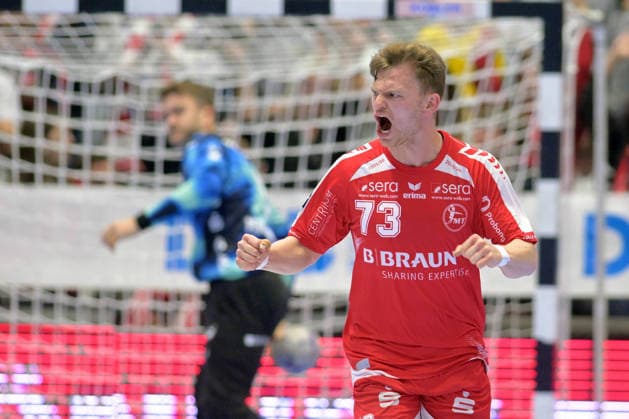Jubel bei Timo Kastening (MT Melsungen 73), Gonzalo Perez de Vargas (Torwart THW Kiel 1) (hinten) , GER, MT Melsungen - THW Kiel, Handball, 1. Bundesliga, 26. Spieltag, Saison 2025 2026, 27.03.2026, GER, MT Melsungen - THW Kiel, Handball, 1. Bundesliga, 26. Spieltag, Saison 2025 2026, 27.03.2026 Kassel Copyright: xEibner-Pressefotox xRolandxSippex EP_RSL