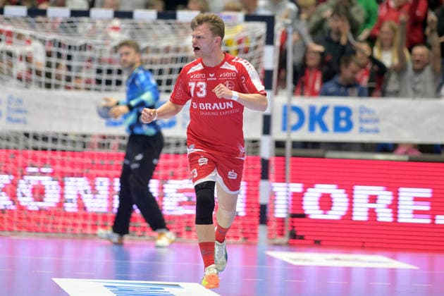 Jubel bei Timo Kastening (MT Melsungen 73), Gonzalo Perez de Vargas (Torwart THW Kiel 1) (hinten) , GER, MT Melsungen - THW Kiel, Handball, 1. Bundesliga, 26. Spieltag, Saison 2025 2026, 27.03.2026, GER, MT Melsungen - THW Kiel, Handball, 1. Bundesliga, 26. Spieltag, Saison 2025 2026, 27.03.2026 Kassel Copyright: xEibner-Pressefotox xRolandxSippex EP_RSL