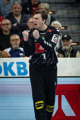 DAIKIN HBL: SG Flensburg-Handewitt vs GWD Minden; 27.03.26 Jubel Freude über gehaltenen Ball bei Malte Semisch (Nr.01, GWD Minden) DAIKIN HBL: SG Flensburg-Handewitt vs GWD Minden, GP JOULE Arena am 27.03.26 Copyright: xBEAUTIFULxSPORTS MarioxM.xKobergx