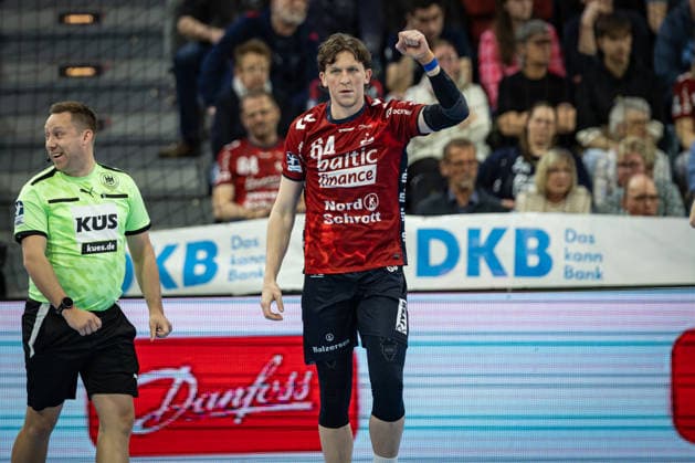 DAIKIN HBL: SG Flensburg-Handewitt vs GWD Minden; 27.03.26 Jubel Torjubel bei Lasse Kjaer Moller (Nr.64, SG Flensburg-Handewitt) DAIKIN HBL: SG Flensburg-Handewitt vs GWD Minden, GP JOULE Arena am 27.03.26 Copyright: xBEAUTIFULxSPORTS MarioxM.xKobergx