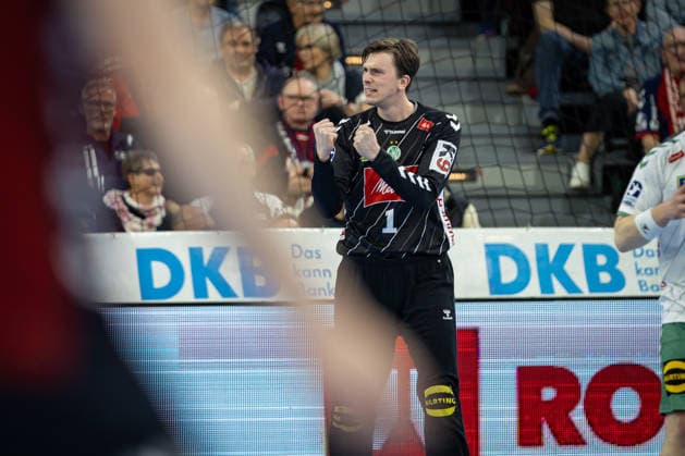 DAIKIN HBL: SG Flensburg-Handewitt vs GWD Minden; 27.03.26 Jubel Freude über gehaltenen Ball bei Malte Semisch (Nr.01, GWD Minden) DAIKIN HBL: SG Flensburg-Handewitt vs GWD Minden, GP JOULE Arena am 27.03.26 Copyright: xBEAUTIFULxSPORTS MarioxM.xKobergx
