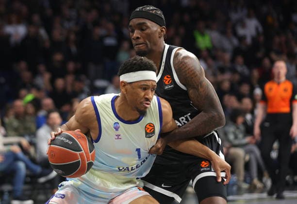 EuroLeague Basketball - Partizan Belgrade vs Valencia Basket Valencia s Kameron Taylor (L) in action against Partizan s Shake Milton (R) during the Euroleague basketball match between Partizan Belgrade and Valencia Basket in Belgrade, Serbia, 27 March 2026. BELGRADE SERBIA  Copyright: xANDREJxCUKICx