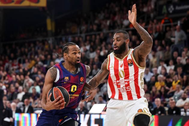 March 27, 2026, Barcelona, Barcelona, Spain: Kevin Punter of FC Barcelona, Barca and Codi Miller-McIntyre of Crvena Zvezda Meridianbet Belgrade in action during the EuroLeague Regular Season Round 34 match played between FC Barcelona and Crvena Zvezda Meridianbet Belgrade at Palau Blaugrana on March 27, 2026 in Barcelona, Spain. FC Barcelona V Crvena Zvezda Meridianbet Belgrade - Euroleague 2025 2026  - ZUMAa181 20260327_zaa_a181_044 Copyright: xJavierxBorregox