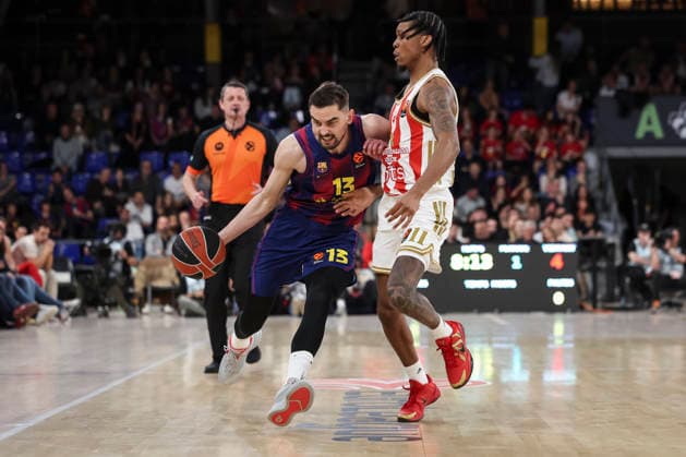 March 27, 2026, Barcelona, Barcelona, Spain: Tomas Satoransky of FC Barcelona, Barca and Tyson Carter of Crvena Zvezda Meridianbet Belgrade in action during the EuroLeague Regular Season Round 34 match played between FC Barcelona and Crvena Zvezda Meridianbet Belgrade at Palau Blaugrana on March 27, 2026 in Barcelona, Spain. Barcelona Spain - ZUMAa181 20260327_zaa_a181_047 Copyright: xJavierxBorregox