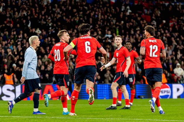 England v Uruguay, Friendly GOAL scores 1-0 England defender Ben White (12) scores and celebrates during the Friendly match between England and Uruguay at Wembley Stadium, London, UK on 27 March 2026. London Wembley Stadium Greater London UK Editorial use only , Copyright: xManjitxNarotrax PSI-23956-0045