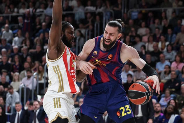 March 27, 2026, Barcelona, Barcelona, Spain: Tornike Shengelia of FC Barcelona, Barca and Semi Ojeleye of Crvena Zvezda Meridianbet Belgrade in action during the EuroLeague Regular Season Round 34 match played between FC Barcelona and Crvena Zvezda Meridianbet Belgrade at Palau Blaugrana on March 27, 2026 in Barcelona, Spain. FC Barcelona V Crvena Zvezda Meridianbet Belgrade - Euroleague 2025 2026  - ZUMAa181 20260327_zaa_a181_090 Copyright: xJavierxBorregox