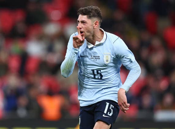London, England, 27th March 2026. Federico Valverde of Uruguay celebrates after scoring to make it 1-1 during the England vs Uruguay International Friendly, Länderspiel, Nationalmannschaft match at Wembley Stadium, London. Picture credit should read: Paul Terry Sportimage EDITORIAL USE ONLY. No use with unauthorised audio, video, data, fixture lists, club league logos or live services. Online in-match use limited to 120 images, no video emulation. No use in betting, games or single club league player publications. SPI_032_PT_England_Uruguay SPI-4639-0032