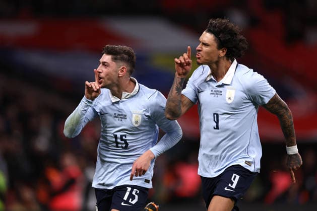 England v Uruguay 27 March 2026, Wembley - International Football Friendly - England v Uruguay - Federico Valverde of Uruguay celebrates after scoring the equalising goal with Darwin Nunez - Photo: Jacques Feeney Offside. London UK Copyright: xJacquesxFeeneyx xOffsidexOffside