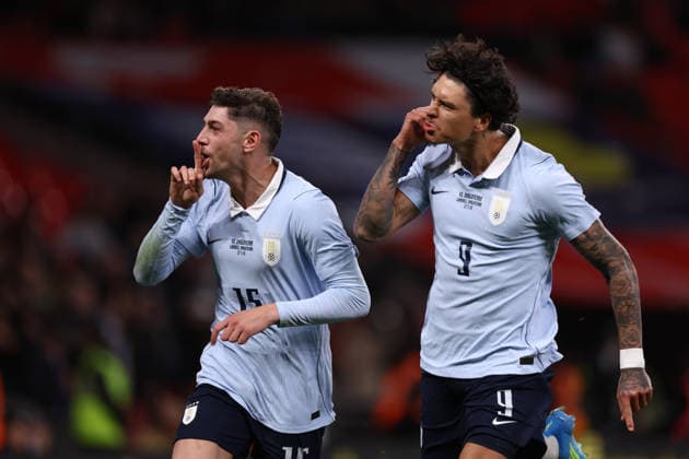 England v Uruguay 27 March 2026, Wembley - International Football Friendly - England v Uruguay - Federico Valverde of Uruguay celebrates with Darwin Nunez after scoring the equalising goal - Photo: Jacques Feeney Offside. London UK Copyright: xJacquesxFeeneyx xOffsidexOffside