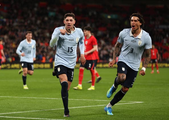 Federico Valverde of Uruguay celebrates with Darwin Nunez after he scores an equalising goal from the penalty spot in injury time to make it 1-1 England v Uruguay. Football. Wembley Stadium, London, UK. 27 MAR 2026Wembley Wembley Stadium LONDON United Kingdom  Copyright: xJASONPIX Shutterstockx 16805560by