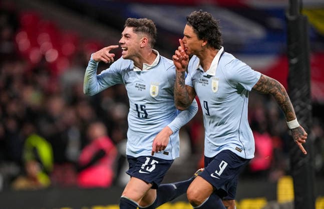 Frederico Valverde of Uruguay celebrates scoring the equalising goal during the International Friendly, Länderspiel, Nationalmannschaft match between England and Uruguay at Wembley Stadium, London, England on 27 March 2026.  Copyright: xAndyxRowlandx PMI-7198-0040