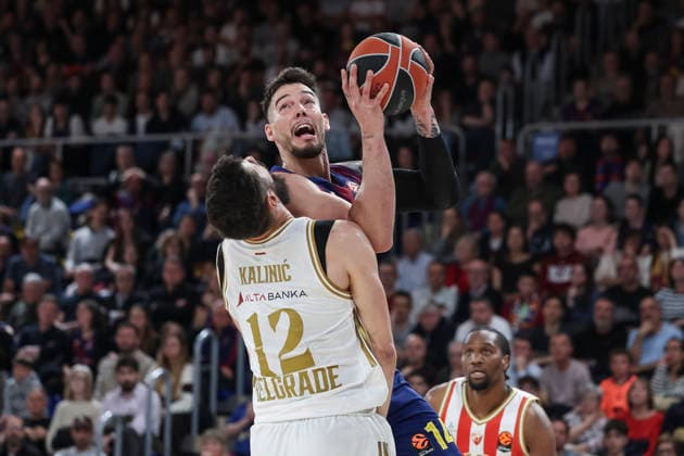 March 27, 2026, Barcelona, Barcelona, Spain: Willy Hernangomez of FC Barcelona, Barca and Nikola Kalinic of Crvena Zvezda Meridianbet Belgrade in action during the EuroLeague Regular Season Round 34 match played between FC Barcelona and Crvena Zvezda Meridianbet Belgrade at Palau Blaugrana on March 27, 2026 in Barcelona, Spain. Barcelona Spain - ZUMAa181 20260327_zaa_a181_091 Copyright: xJavierxBorregox